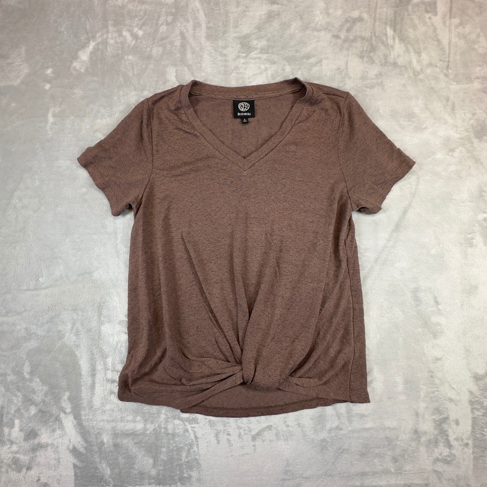 Bobeau‎ Front Twist Knot V-Neck Top Small Brown Mocha Short Sleeve Flowy Casual